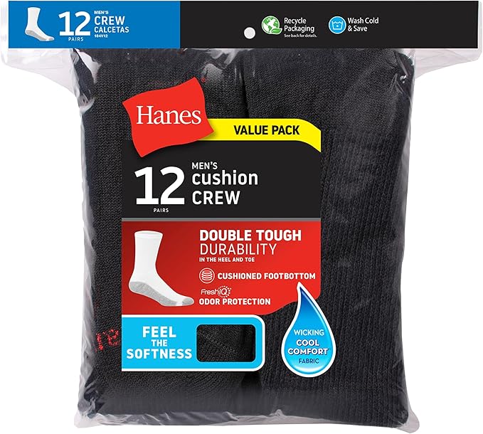 Hanes Men's Double Tough Crew Socks, 12-Pair Pack